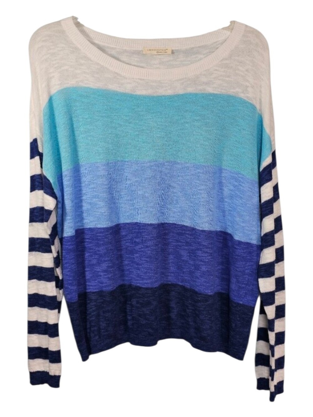 Lovestitch Blue White Teal Stripe Lightweight Drop Shoulder Sweater‎ Size S